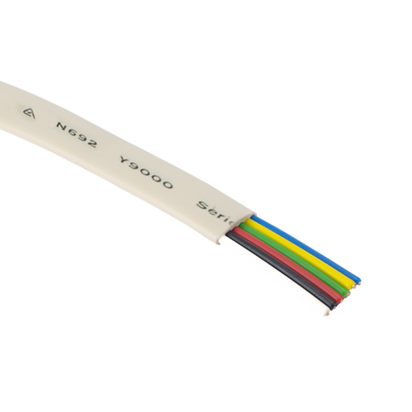 A close-up cross-section of the ivory 6-core flat multi-purpose cable, showing the six internal stranded conductors.