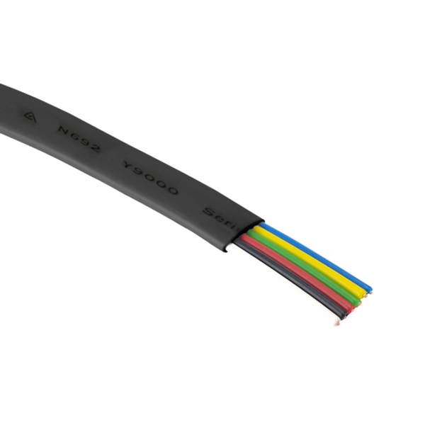 A close-up cross-section of the black 6-core flat multi-purpose cable, showing the six internal stranded conductors.