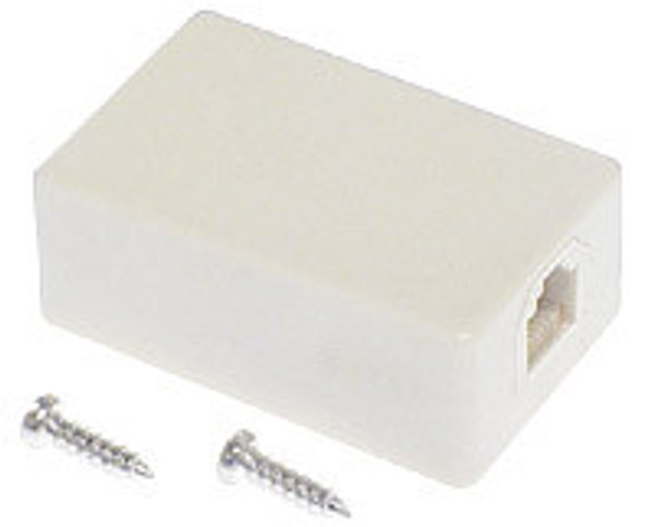 White 6P6C Skirting Side Surface Mount Jack, designed for discreet installation on skirting boards or architraves.