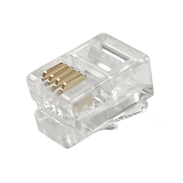 A close-up view of the underside of an RJ11 4P4C modular plug, showing the gold-plated contacts.