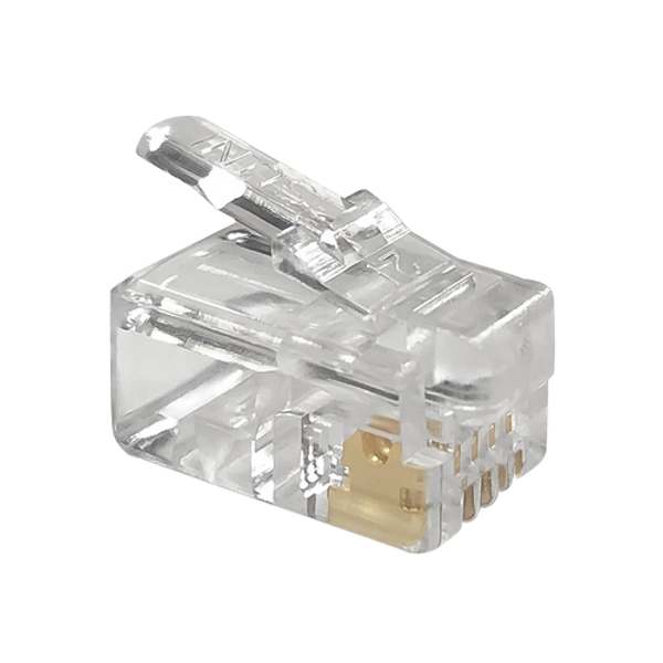 A side profile of the top of the transparent RJ11 4P4C modular plug.
