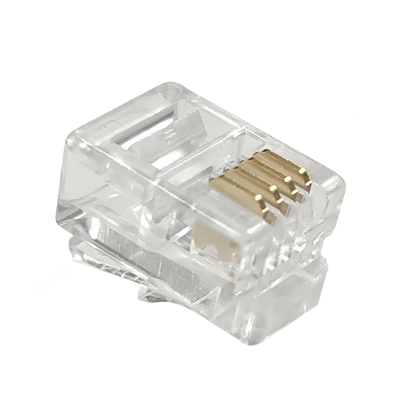 A close-up view of the underside of an RJ11 4P4C modular plug for round cable, showing the gold-plated contacts.