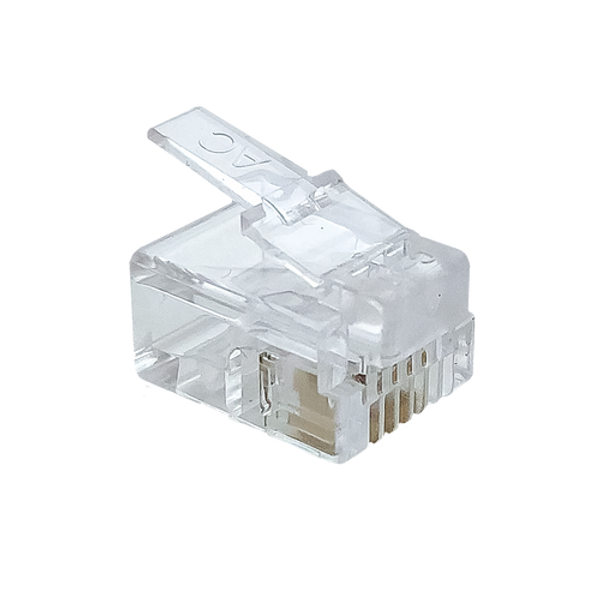 A side profile of the top of the transparent RJ12 6P4C modular plug.