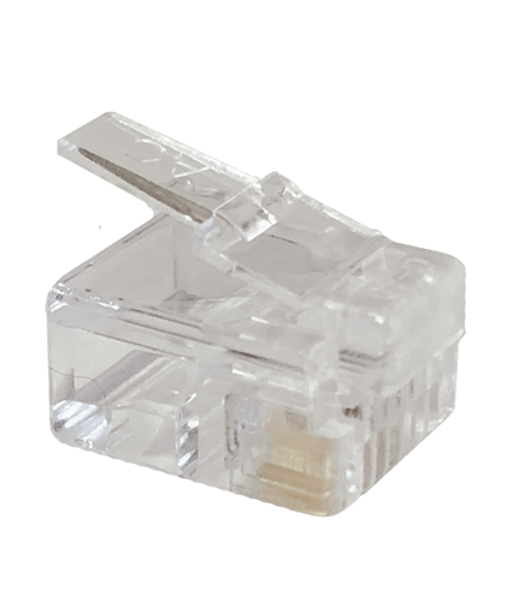 Close-up of an RJ12 6P6C round stranded modular plug.