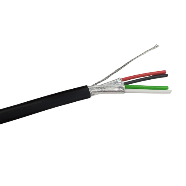 A close-up cross-section of a Belden 8723 equivalent 2-pair shielded cable, showing the foil shield, drain wire, and four internal conductors within the black PVC jacket.