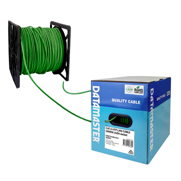 The Datamaster® Reel-in-Box with the Green Cat6 solid UTP cable being dispensed smoothly from the packaging. The Datamaster® Reel-in-Box with the Green Cat6 solid UTP cable being dispensed smoothly from the packaging.