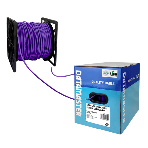 The Datamaster® Reel-in-Box with the Purple Cat6 solid UTP cable being dispensed smoothly from the packaging.
