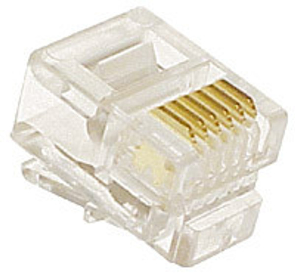 A close-up underside view of the transparent RJ12 6P4C modular plug, highlighting the gold-plated contacts.