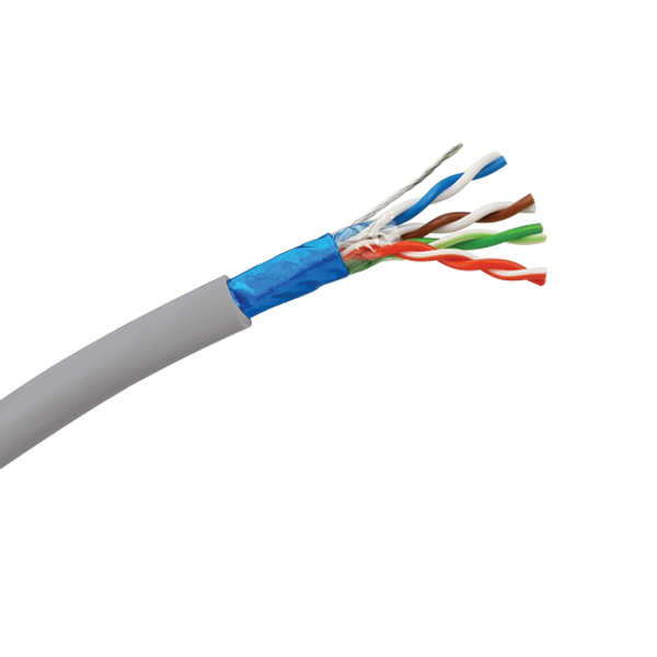 Close-up showing the internal construction of the grey Cat5e FTP Stranded cable, revealing the foil shielding, drain wire, and copper conductors.