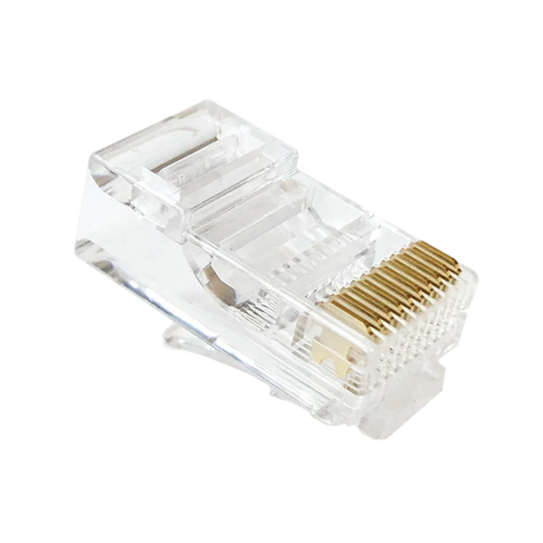 A close-up underside view of the wide 10P10C modular plug, showing all ten gold-plated contacts.