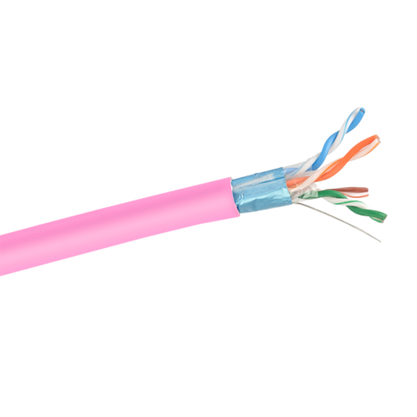A side view of the internal construction of the pink Cat6 FTP cable, revealing the AI-foil shield, drain wire, separator, and twisted pairs.