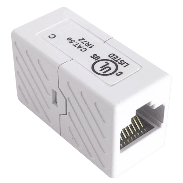 A side view of the compact, white Cat5e RJ45 female-to-female Ethernet cable coupler.