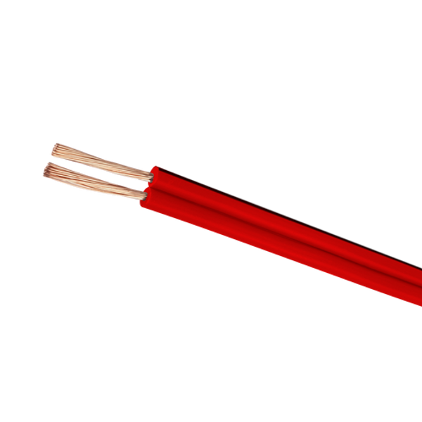 A close-up of the red 20AWG Figure-8 speaker cable, showing the stripped 24-strand copper conductors and the polarity trace line.
