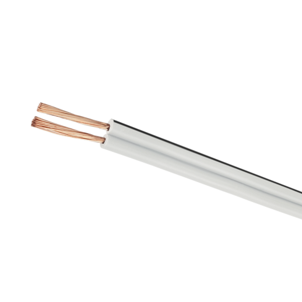A close-up of the white 20AWG Figure-8 speaker cable, showing the stripped 24-strand copper conductors and the polarity trace line.
