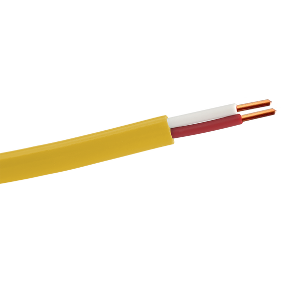 A close-up of the yellow heavy-duty intercom cable, showing the two internal solid copper conductors with their PE insulation.