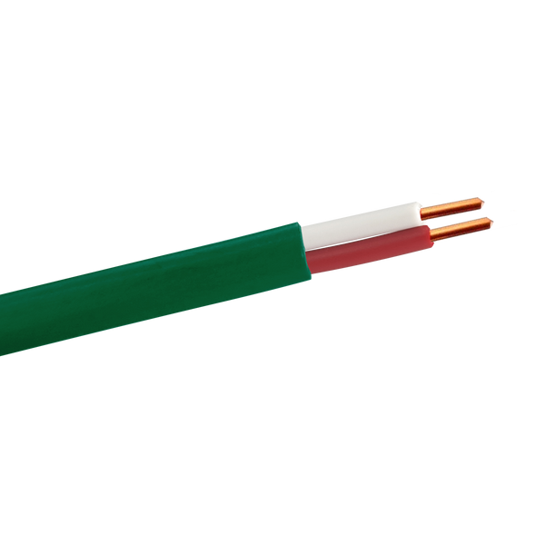 A close-up of the green heavy-duty intercom cable, showing the two internal solid copper conductors with their PE insulation.