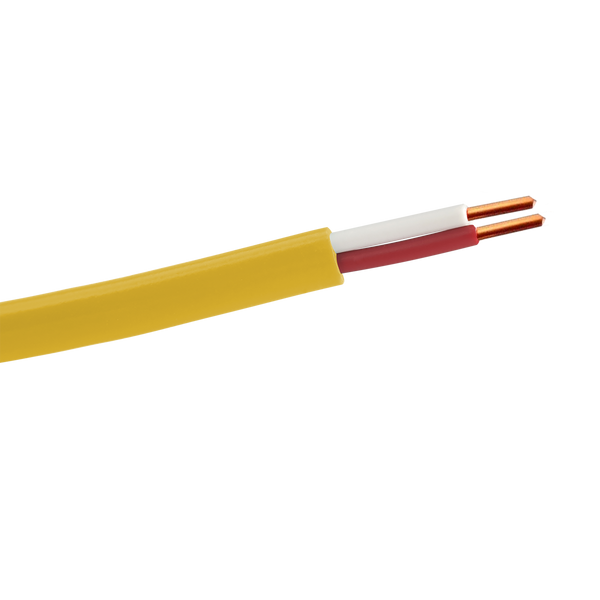 A close-up of the yellow heavy-duty intercom cable, showing the two internal solid copper conductors with their PE insulation.