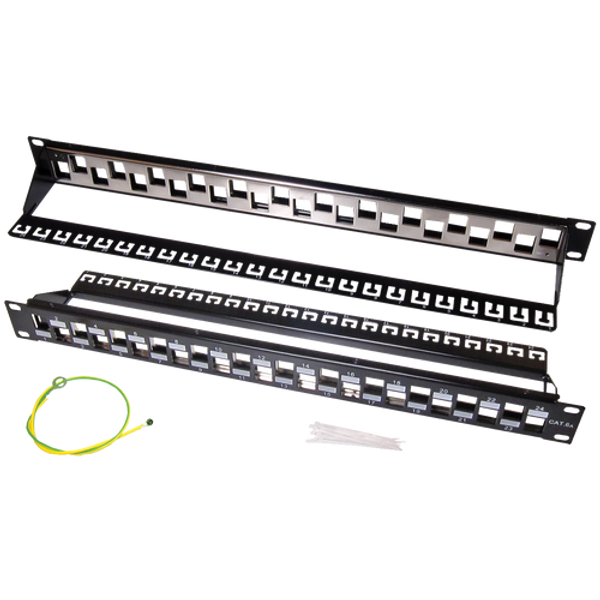 A top-down view of two unloaded keystone patch panels, one showing the front staggered ports and the other showing the rear with the integrated cable support bar.