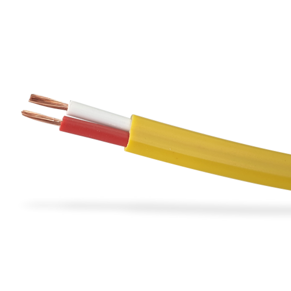 A close-up of the yellow double-insulated speaker cable, showing the internal red and white insulated copper conductors.