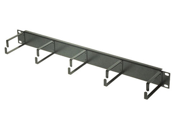 A side profile view of the 1RU cable management panel, showing the mounting screw holes and the cable routing hooks.