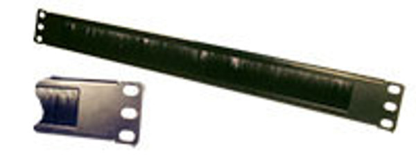 A side view of the 1RU brush panel, with a close-up on the mounting screw holes and dense nylon bristles.