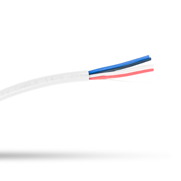 A close-up of the white 4-core security cable, showing the 7/0.20 stranded copper conductors within the PVC jacket.