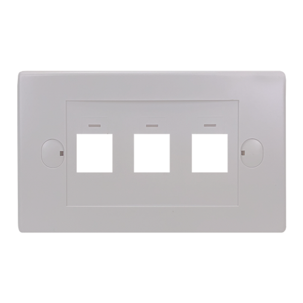 A direct front-on view of the 3-port keystone flush plate, showing the three unloaded keystone cutouts.