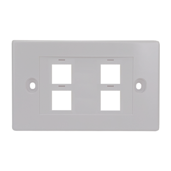 A direct front-on view of the 4-port keystone flush plate, showing the four unloaded keystone cutouts.