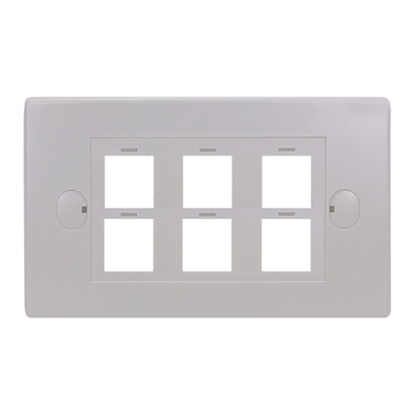 A direct front-on view of the 6-port keystone flush plate, showing the six unloaded keystone cutouts.