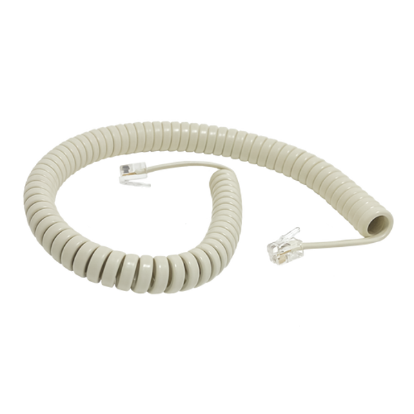 A side view of the 3-metre ivory coiled telephone handset cord, showing the modular RJ11 plugs.