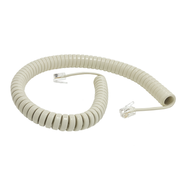 A side view of the 3-metre ash grey coiled telephone handset cord.