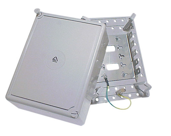 A front view of the open 50-pair IDF distribution box, showing the cover, internal module mounting brackets, and jumper rings.