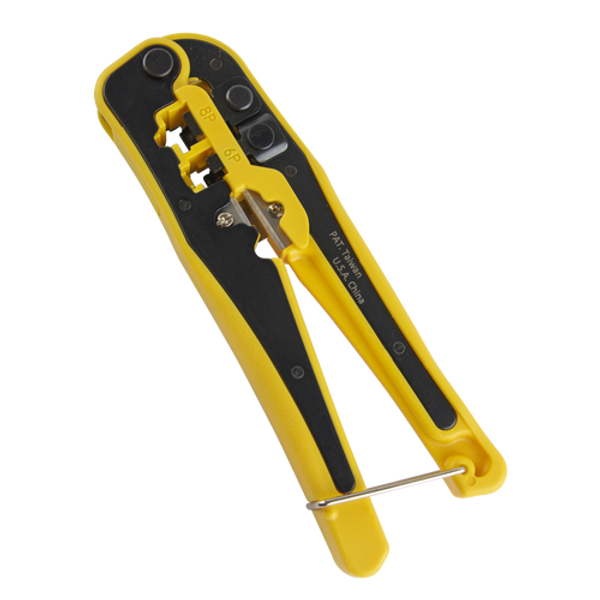 A direct front-on view of the 3-in-1 modular crimp, cut, and strip tool.