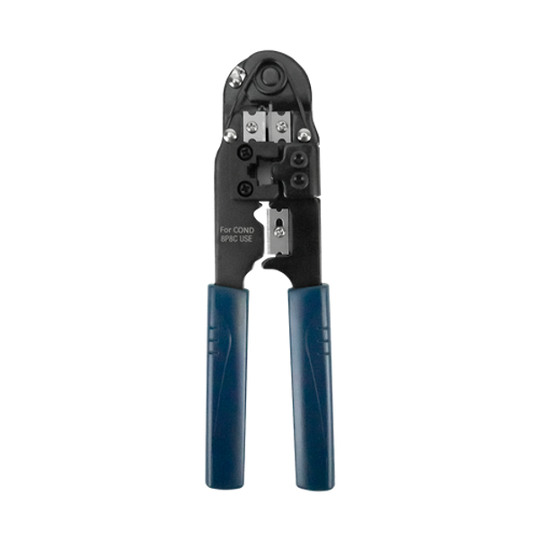 A direct front-on view of the heavy-duty metal RJ45 crimp tool.