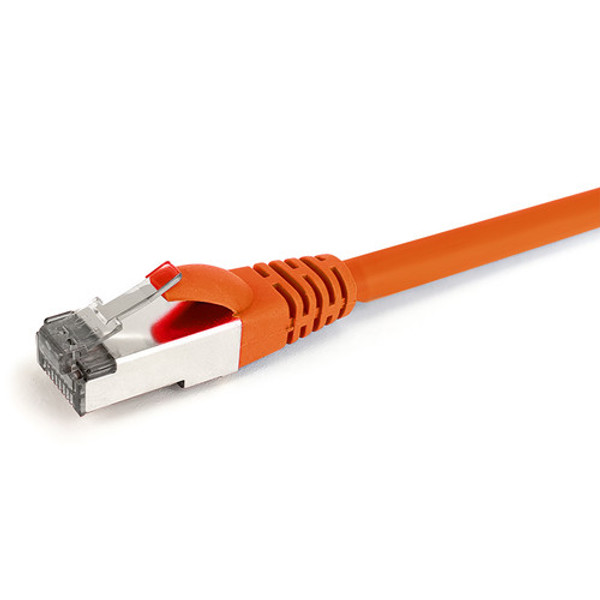 Close-up side view of the shielded RJ45 connector and Orange LSZH jacket on a 3m Datamaster Cat6a S/FTP patch cable.