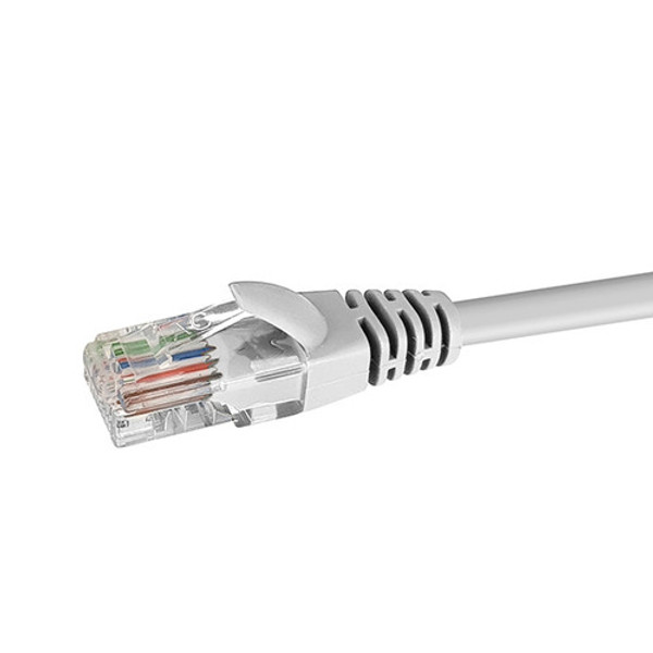 Close-up profile of the RJ45 connector and White jacket on a 0.25m Datamaster Cat6 U/UTP patch cable.
