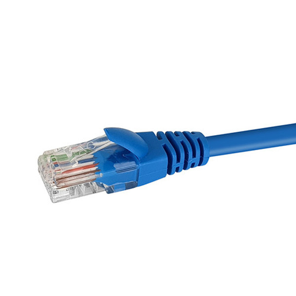 Close-up profile of the RJ45 connector and Blue jacket on a 0.5m Datamaster Cat6 U/UTP patch cable.
