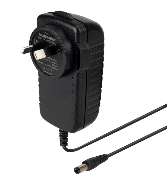 Front view of the 12V DC power adaptor showing the Australian plug and 2.1mm output plug.