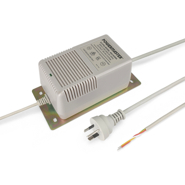 Top side view of the 16V AC 3A in-line power supply securely fixed to its integrated mounting plate, with input and output cords visible.