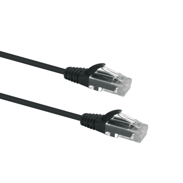 Profile view of the snagless boot on a 0.25m Black Datamaster slim Cat6 patch cable, highlighting its ultra-thin design.