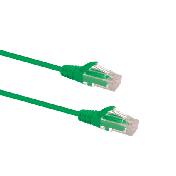Profile view of the snagless boot on a 0.25m Green Datamaster slim Cat6 patch cable, highlighting its ultra-thin design.