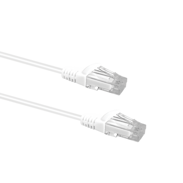 Profile view of the snagless boot on a 2m White Datamaster slim Cat6 patch cable, highlighting its ultra-thin design.