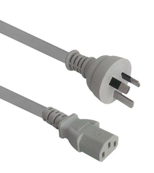 Side angled view of the 2-metre ash grey power cord, showing the IEC-C13 connector and the Australian 3-pin plug.