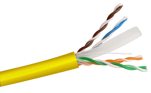 Close-up side view of the Yellow Cat6 LSZH cable jacket, showing the internal cables, rip cord, and separator.