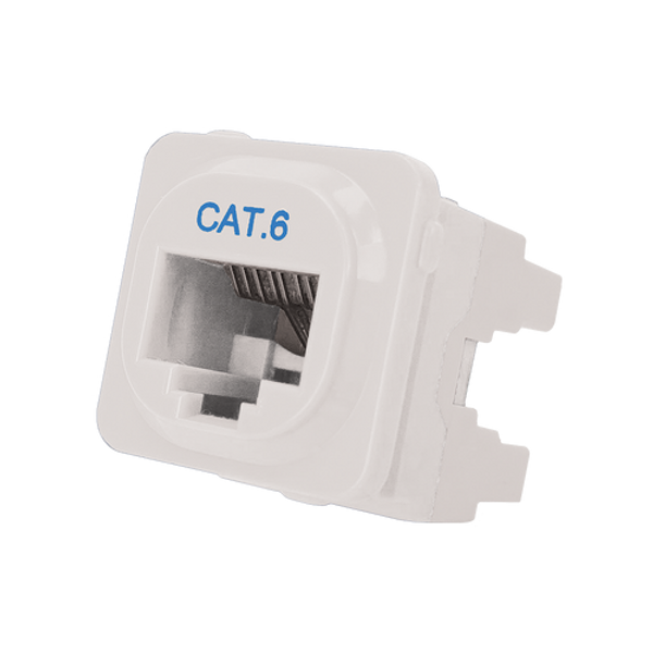 A detailed side profile of the white Cat6 IDC data jack.