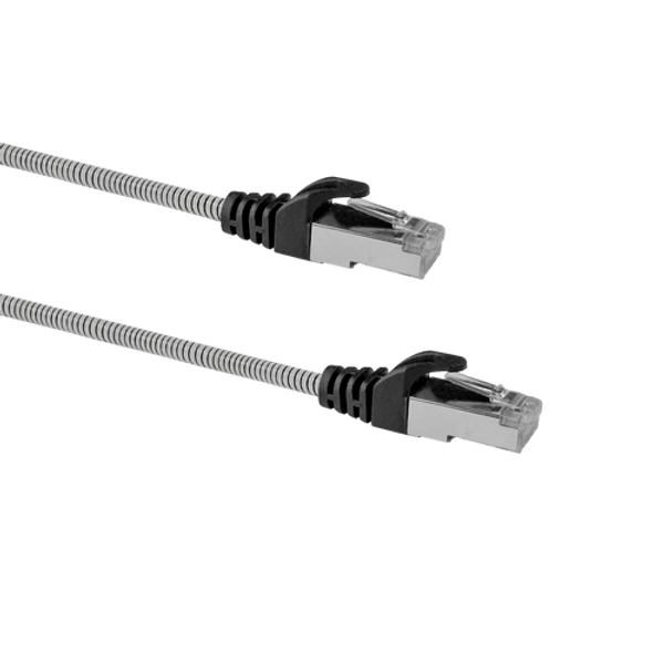 Close-up side angle of two 1.5m slim armoured Cat6A cables, showing the shielded RJ45 boot and durable outer jacket.