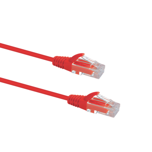 Profile view of the snagless boot on a 5m Red Datamaster slim Cat6 patch cable, highlighting its ultra-thin design.