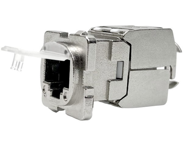 A side view of the P4519 Clipsal-style rear-entry shielded Cat6a jack in its open position.