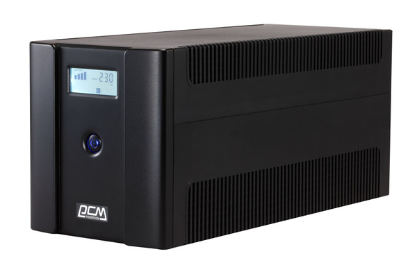 Side view of the black Raptor 2000VA Line Interactive UPS, showing its compact tower form factor suitable for an office.