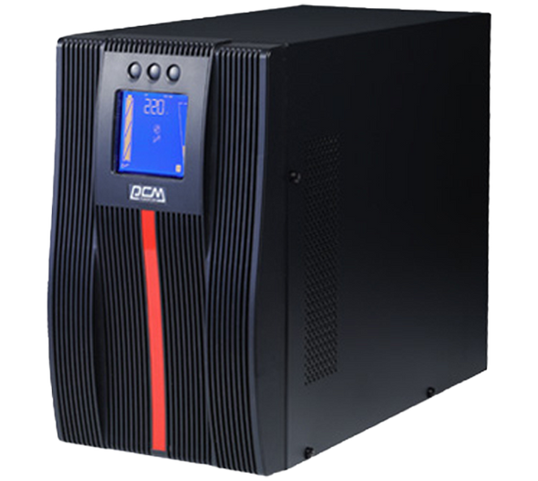 The Macan Tower 2000VA On-Line UPS shown from the front, highlighting its vertical design and clear LCD interface.